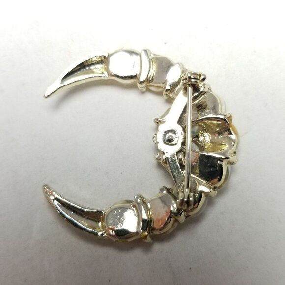Vintage Crescent Moon Shape Brooch, Gold Tone White Disc Detail Lapel Pin - Picture 4 of 6